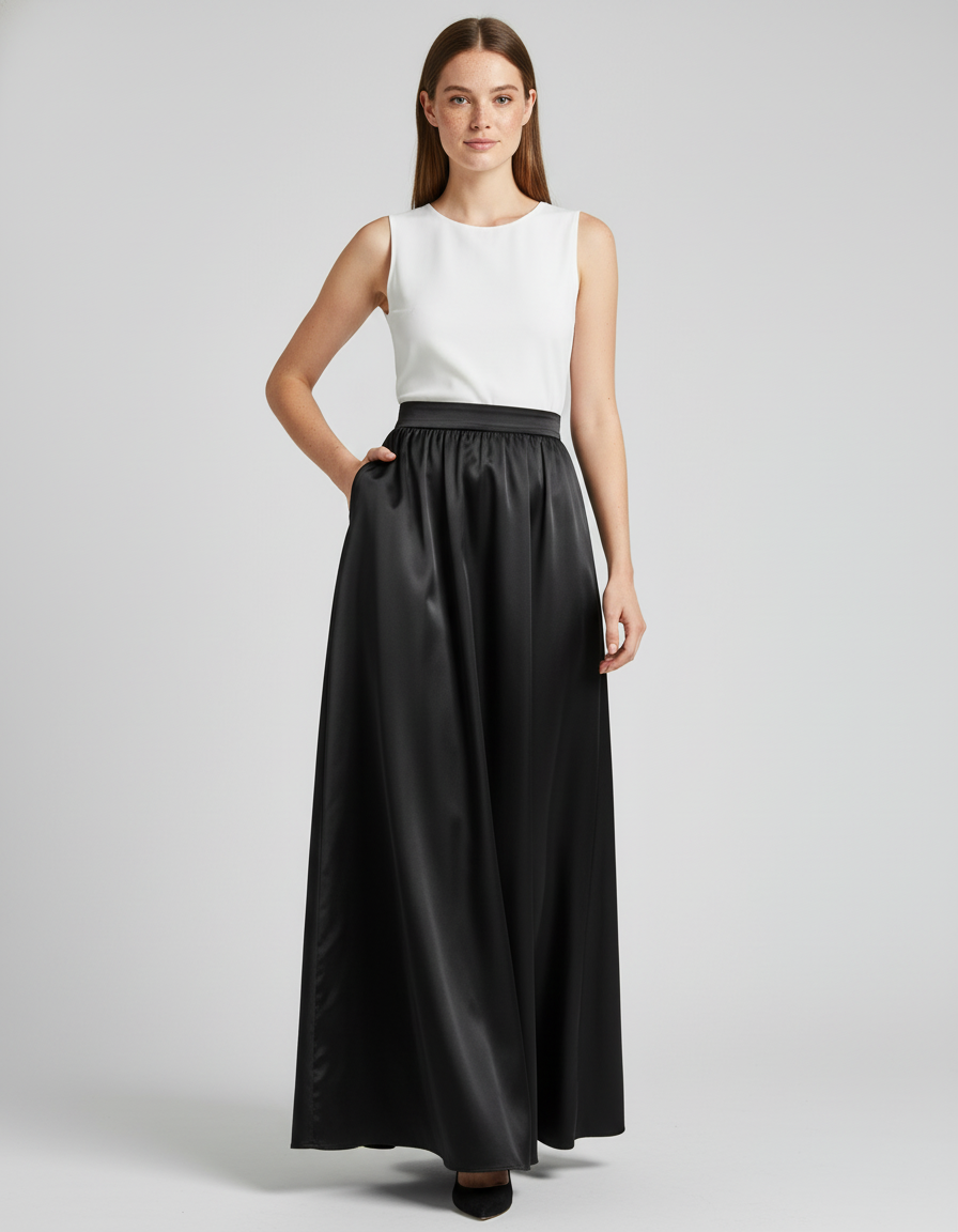 Jupe Satin Noire Fluide Élégante Moderne