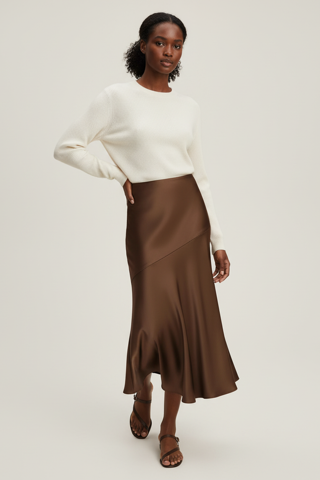 Jupe Satin Marron Évasée Élégante