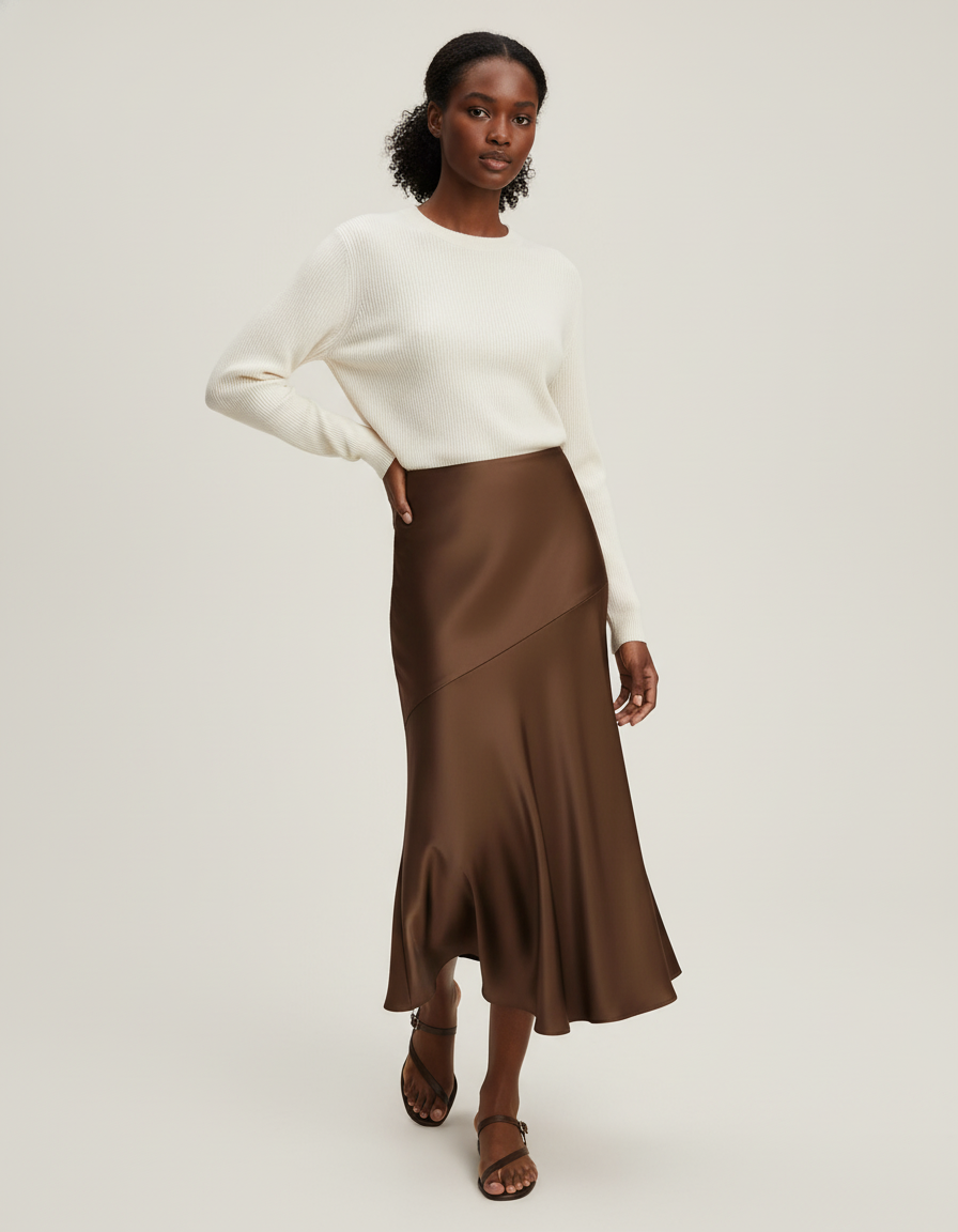 Jupe Satin Marron Évasée Élégante