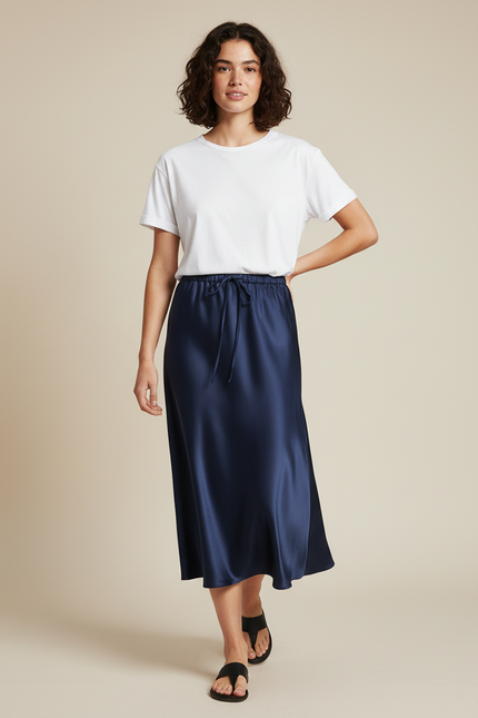 Jupe Satin Bleu Marine Longue Fluide