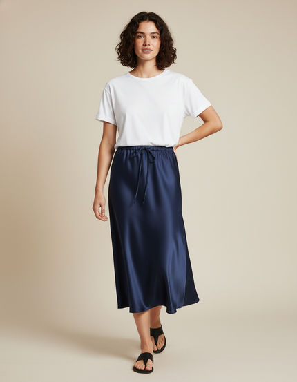 Jupe Satin Bleu Marine Longue Fluide