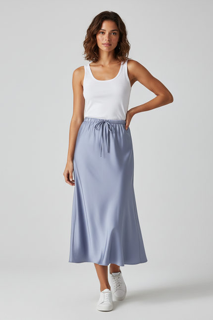 Jupe Satin Bleu Clair Fluide Élégante Lumineuse