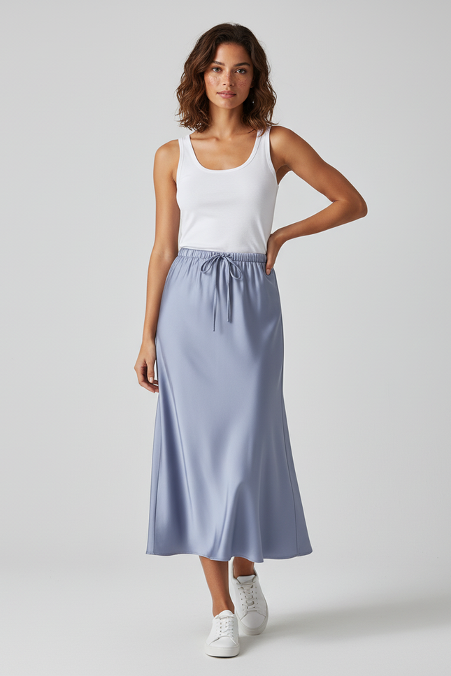 Jupe Satin Bleu Clair Fluide Élégante Lumineuse
