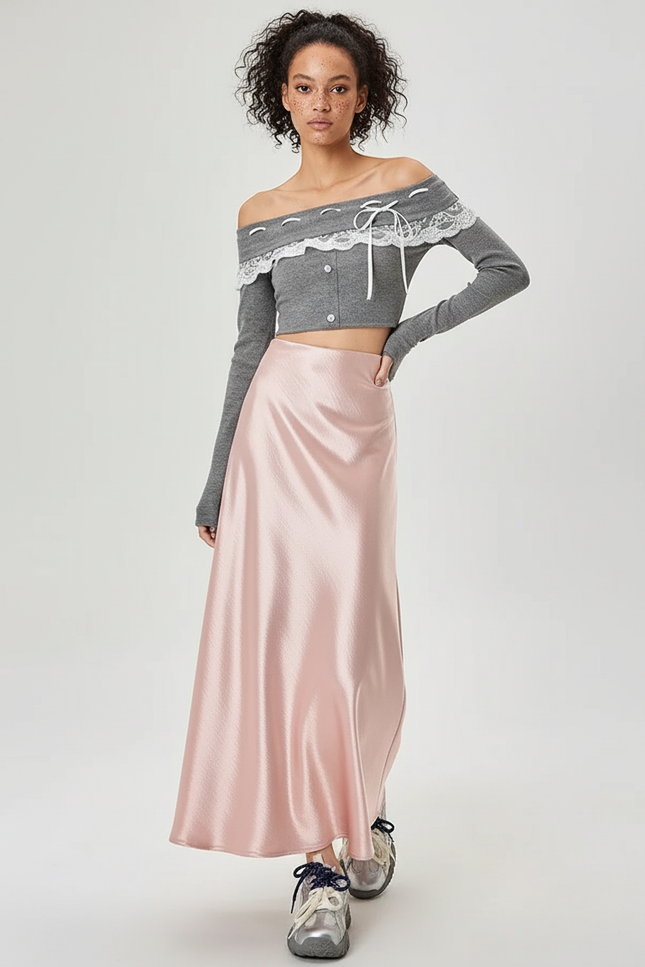 Jupe Satin Rose Longue Fluide