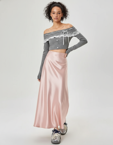 Jupe Satin Rose Longue Fluide