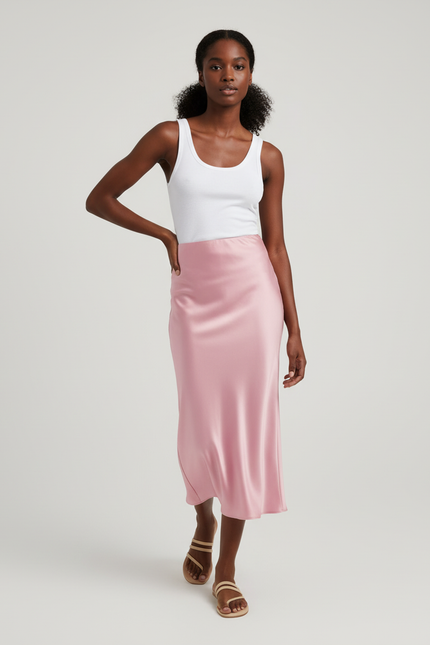 Jupe Satin Rose Pâle Fluide Élégante