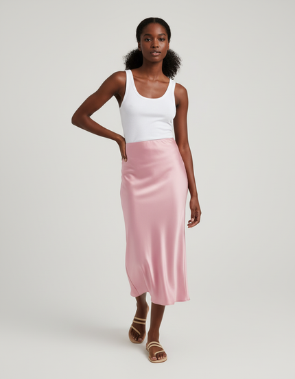 Jupe Satin Rose Pâle Fluide Élégante