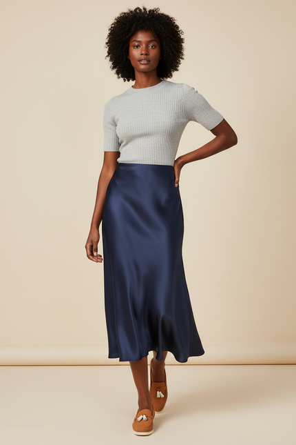 Jupe Longue Satin Bleu Marine