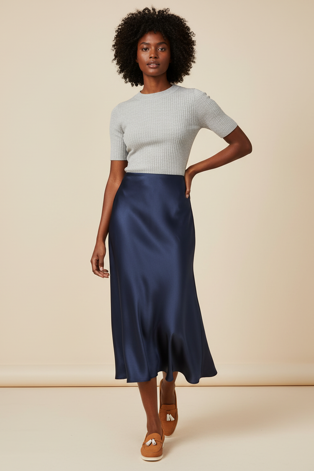 Jupe Longue Satin Bleu Marine