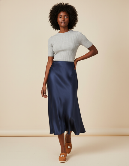 Jupe Longue Satin Bleu Marine