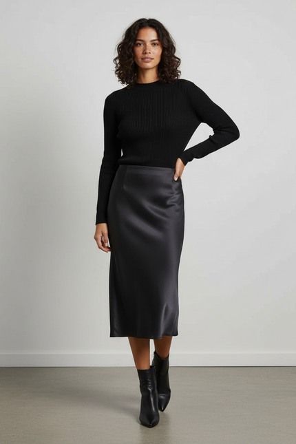 Jupe Satin Noire Midi Élégante Classique