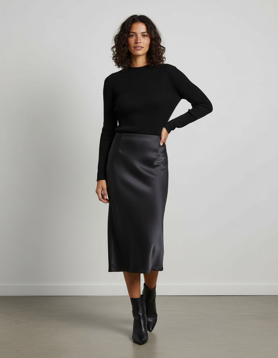 Jupe Satin Noire Midi Élégante Classique