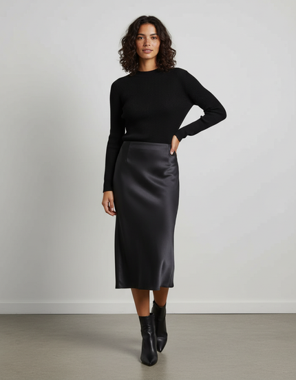 Jupe Satin Noire Midi Élégante Classique