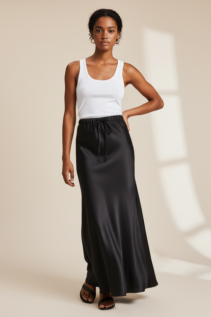 Jupe Satin Noire Longue Élégante
