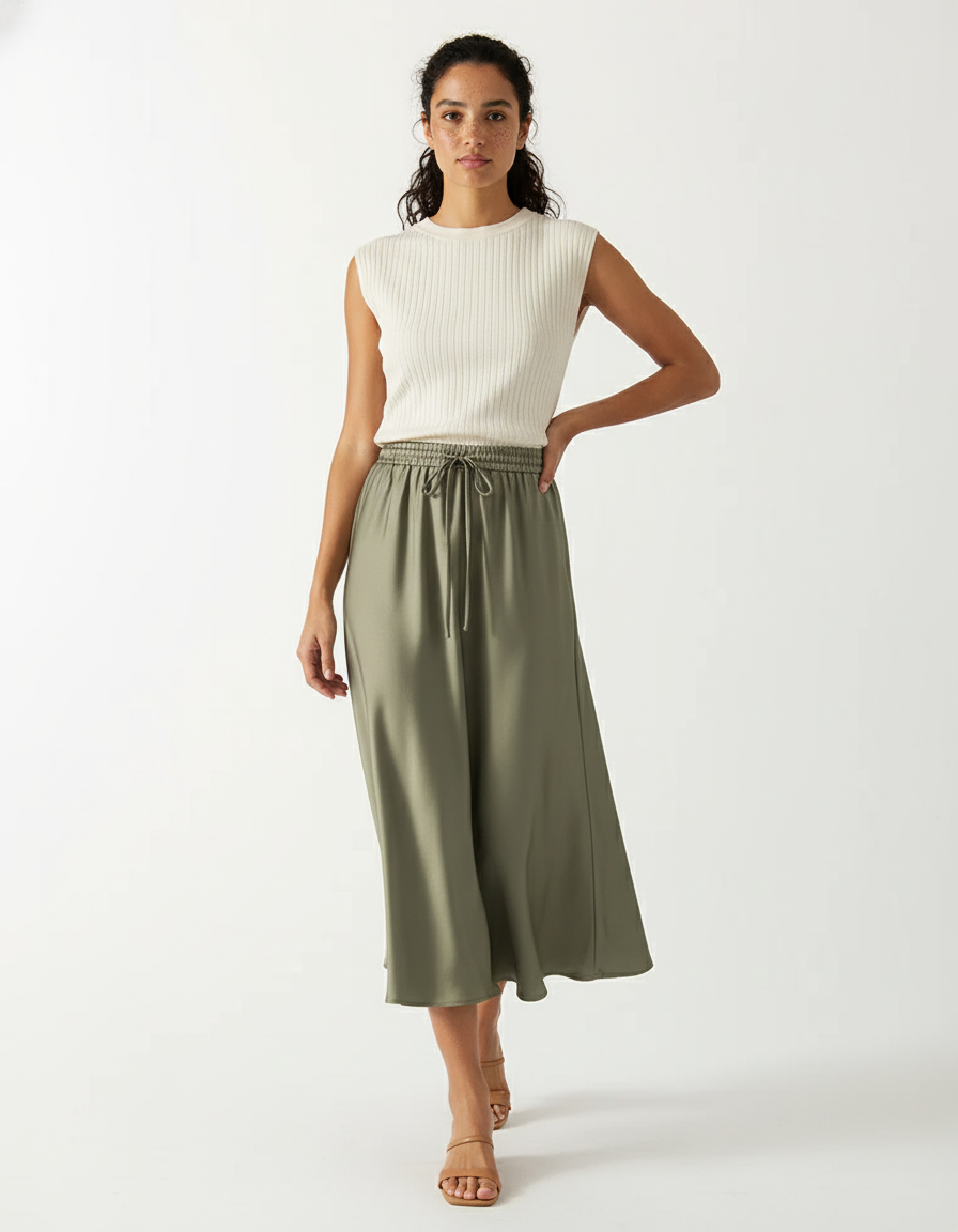 Jupe Satin Kaki Fluide Élégante