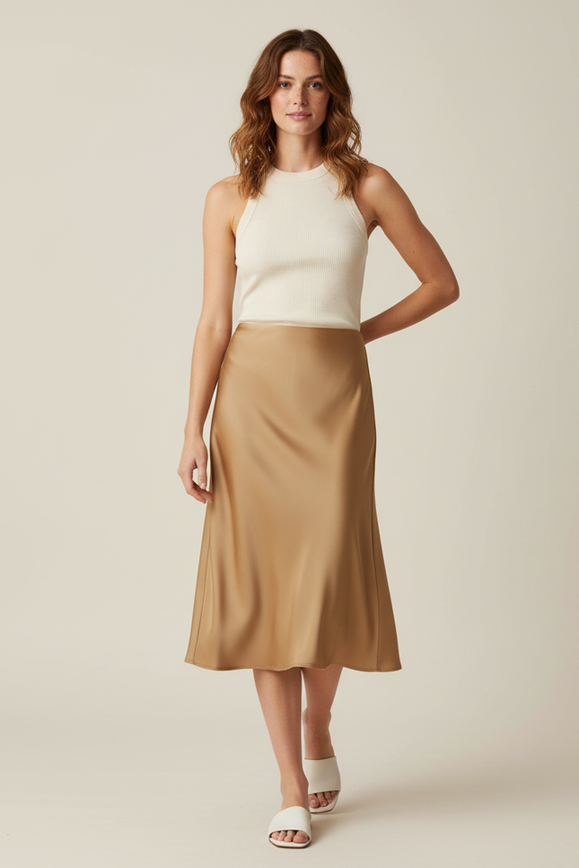 Jupe Satin Camel Midi Fluide