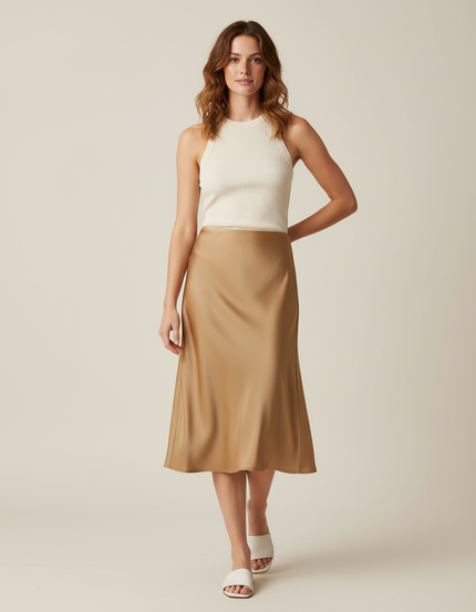 Jupe Satin Camel Midi Fluide