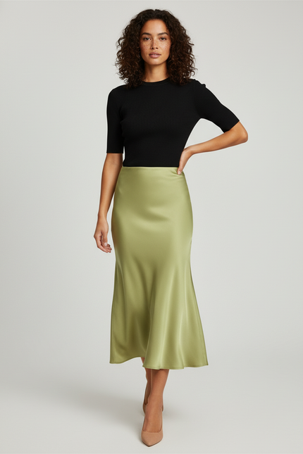 Jupe Satin Verte Fluide Élégante Fluide