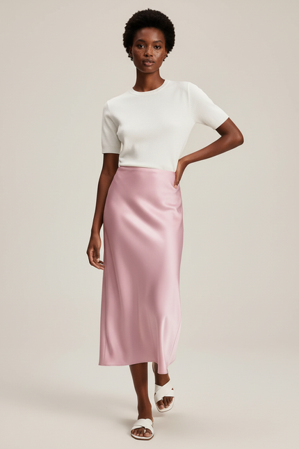 Jupe Satin Rose Pâle Fluide Élégante Romantique