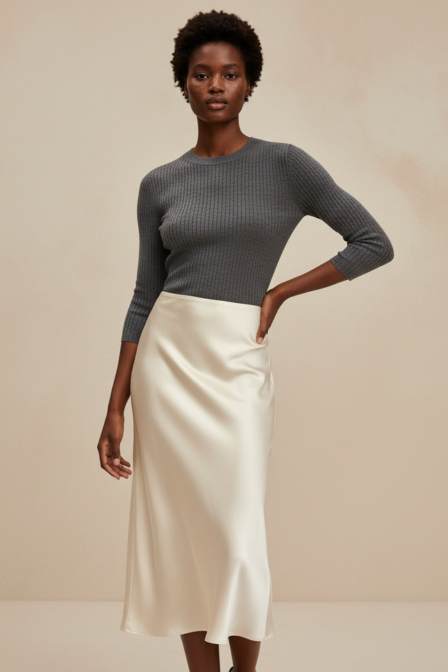 Jupe Satin Crème Fluide Élégante