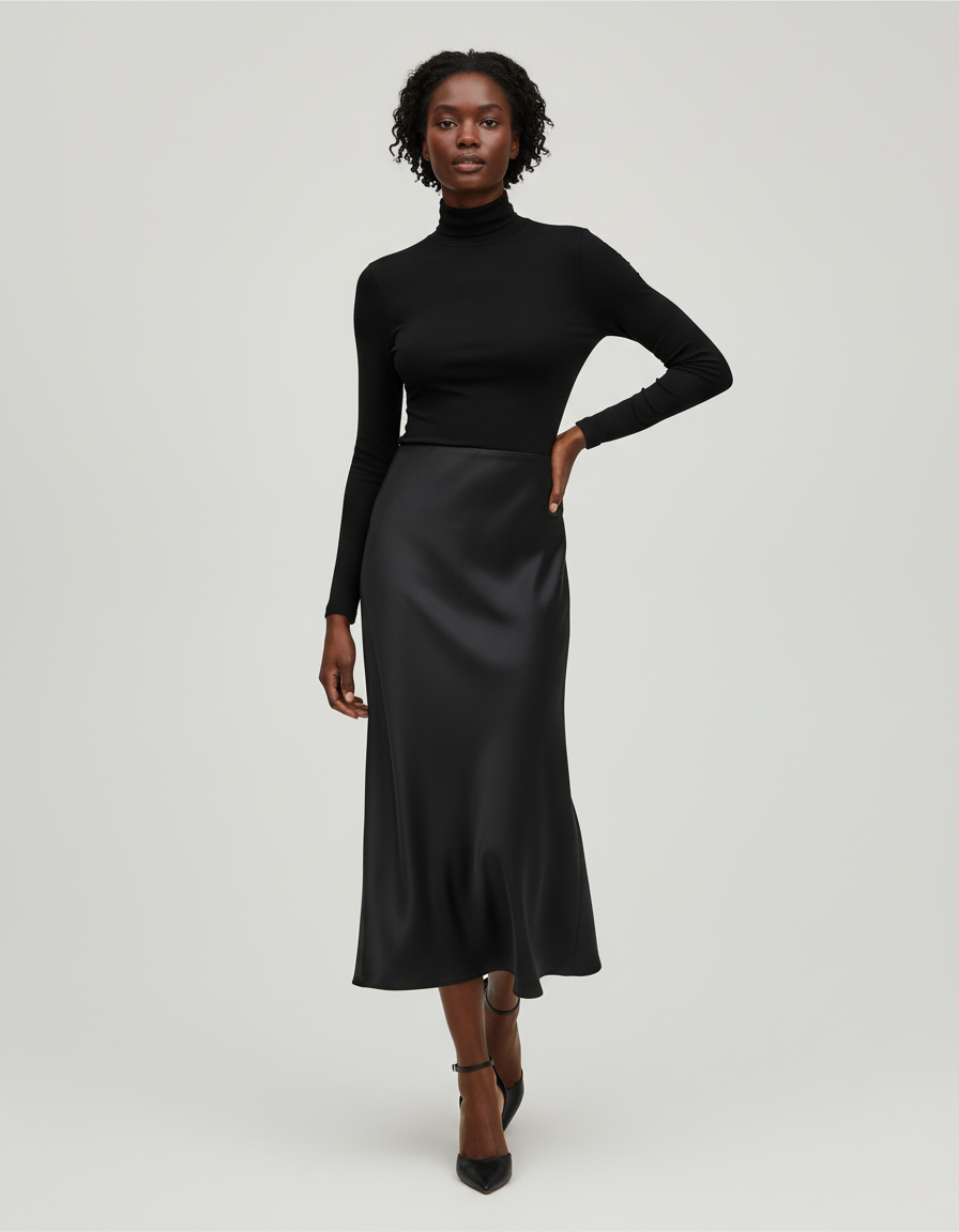 Jupe Satin Noire Fluide Élégante Intemporelle
