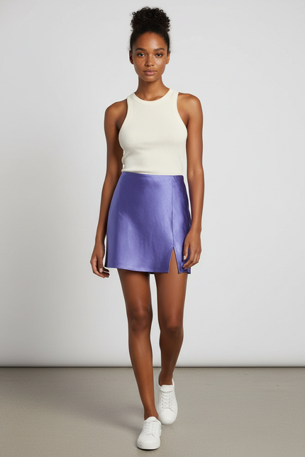 Jupe Satin Violette Fendue Fluide