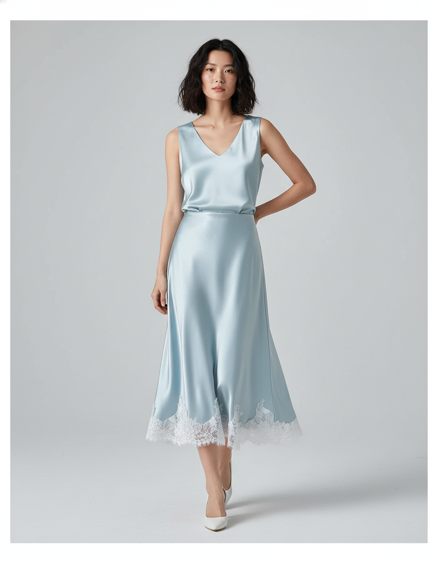 Jupe Satin Bleu Ciel Dentelle Élégante