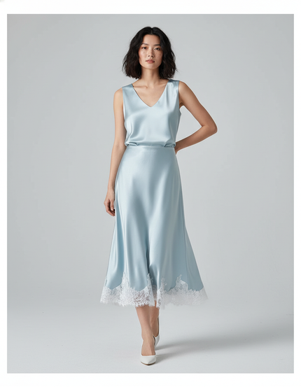 Jupe Satin Bleu Ciel Dentelle Élégante
