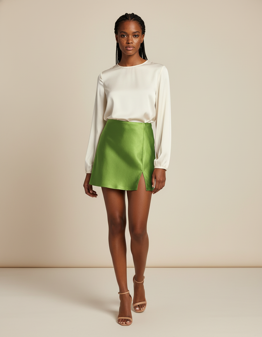Jupe Satin Verte Fendue Chic