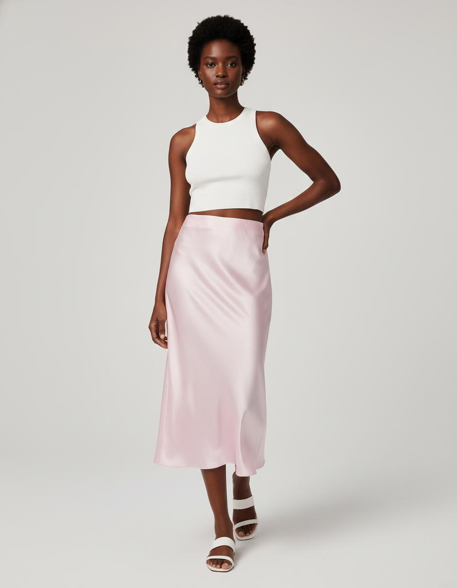 Jupe Satin Rose Pâle Élégante Fluide