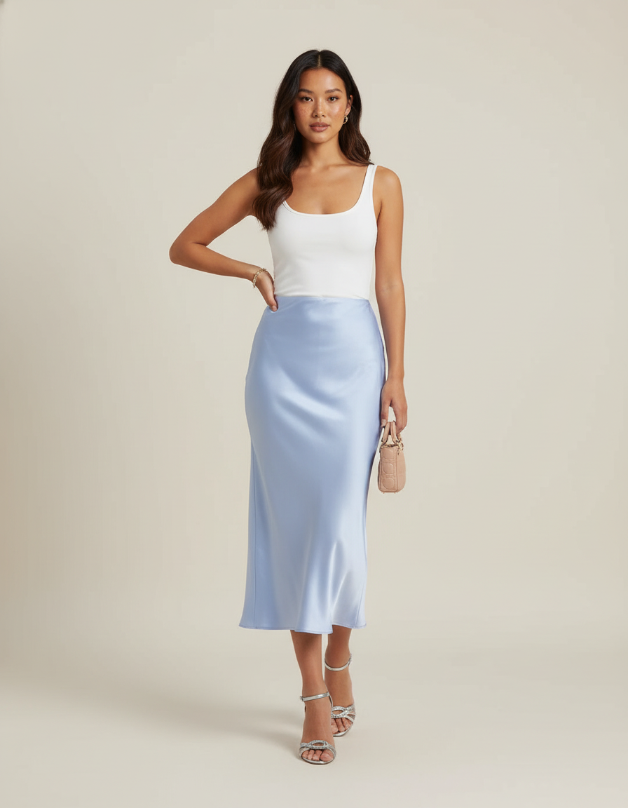 Jupe Satin Bleu Ciel Fluide Élégante