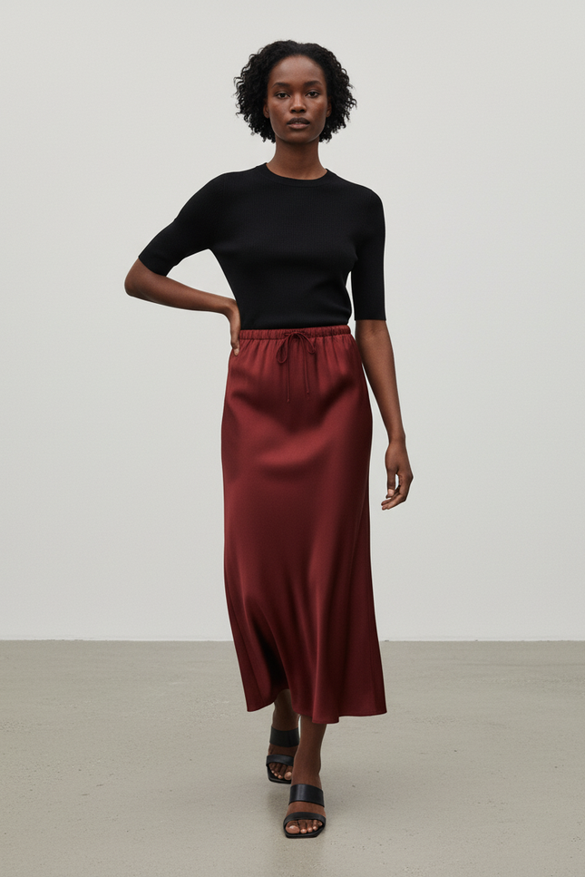 Jupe Satin Bordeaux Longue Fluide