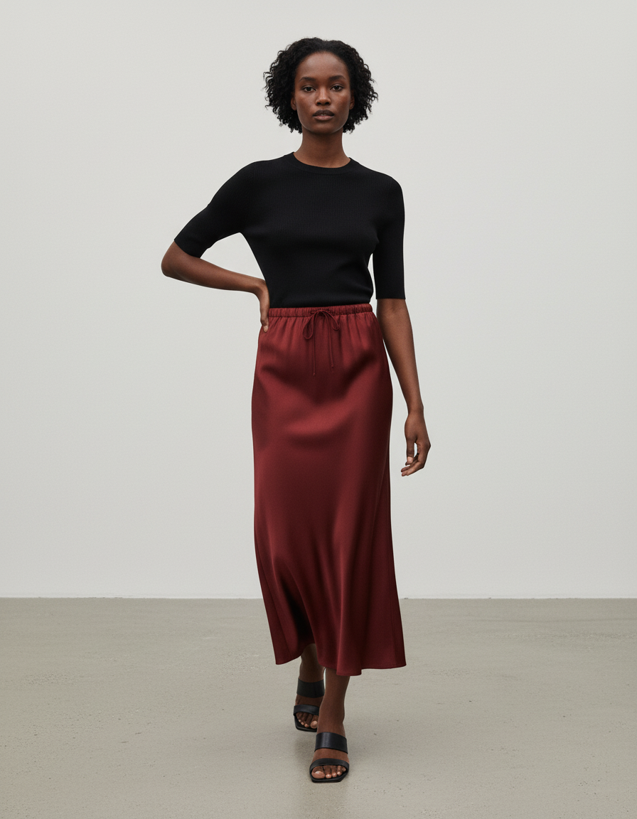 Jupe Satin Bordeaux Longue Fluide