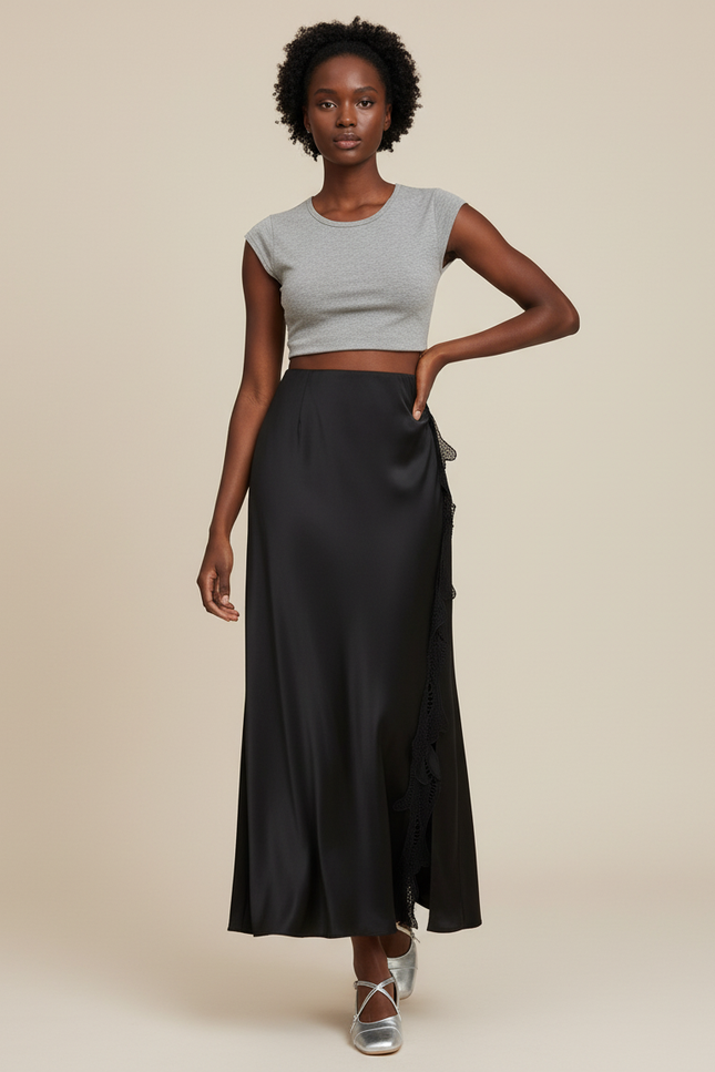 Jupe Noir Satin Portefeuille