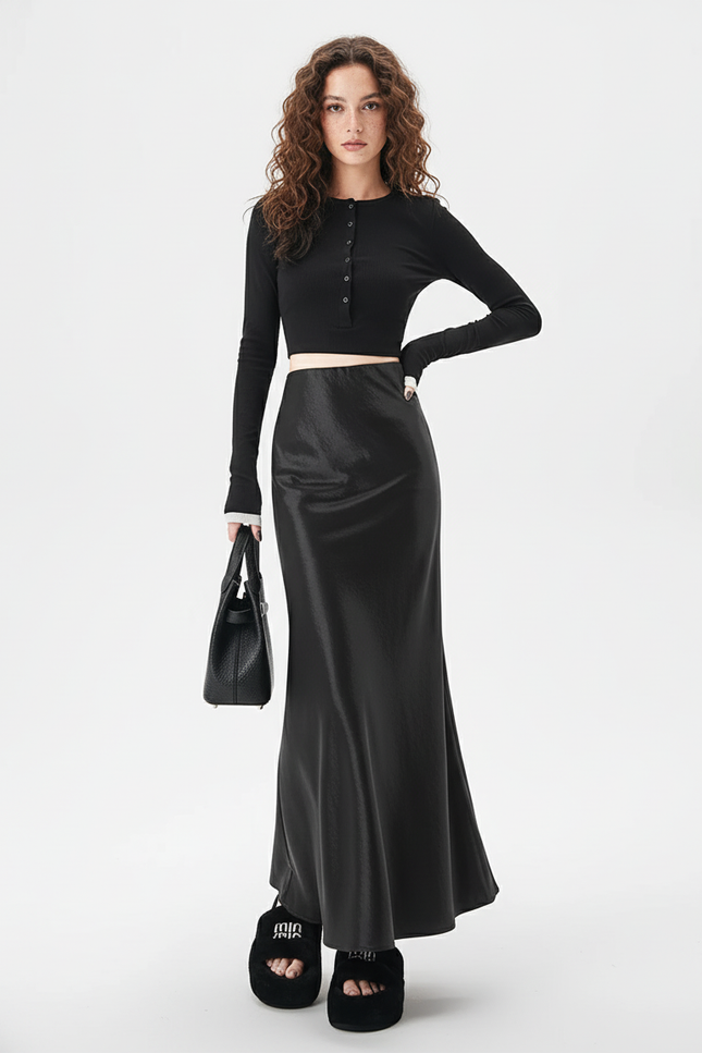 Jupe Satin Noire Longue Fluide