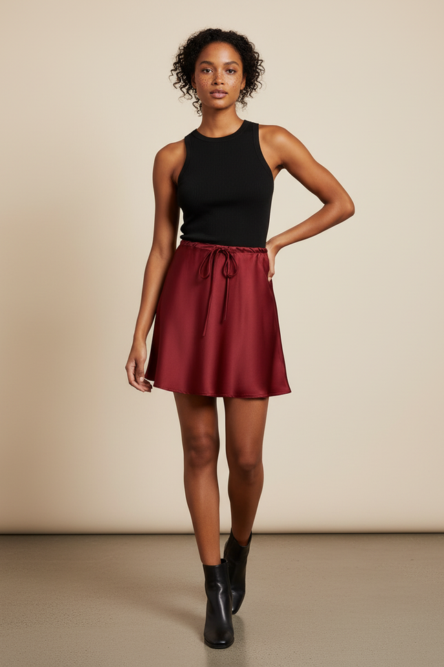 Jupe Satin Bordeaux Cordon Fluide