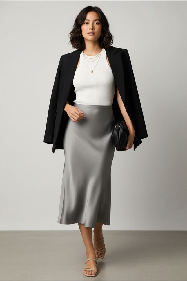 Jupe Mi Longue Coton Satin Elasthanne