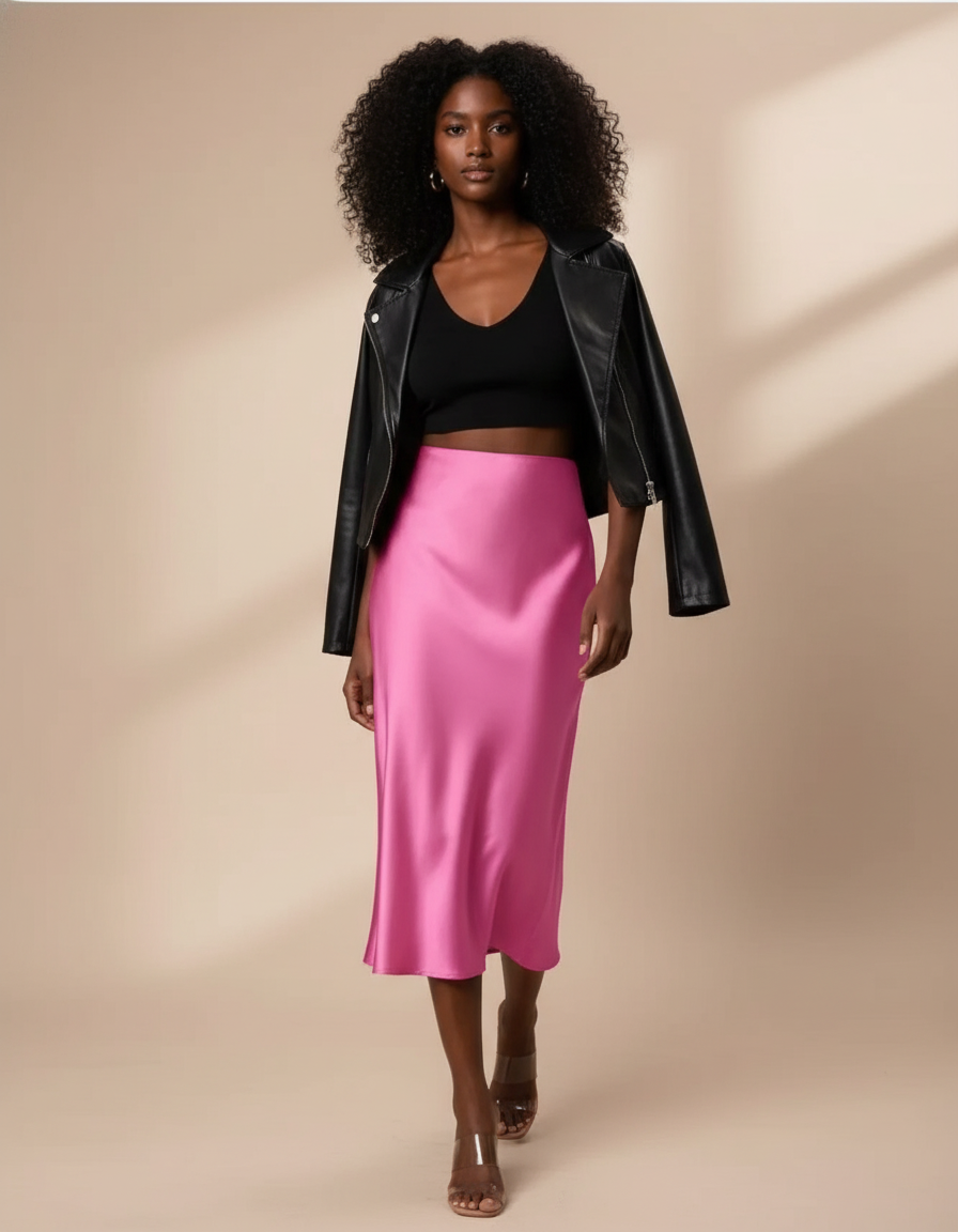 Jupe Satin Rose Fluide Élégante Glamour