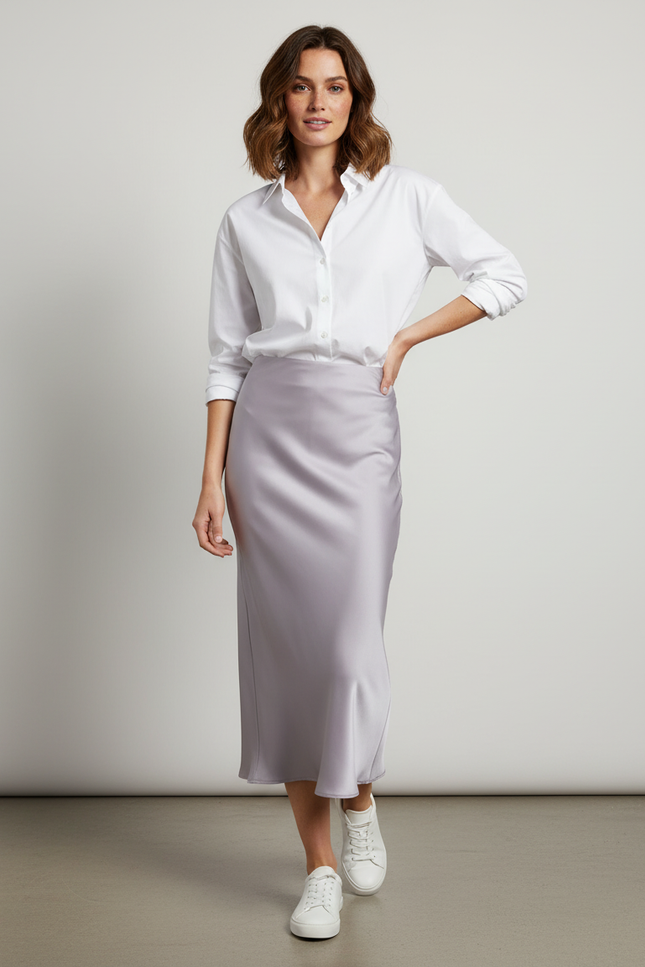 Jupe Satin Gris Perle Fluide Élégante