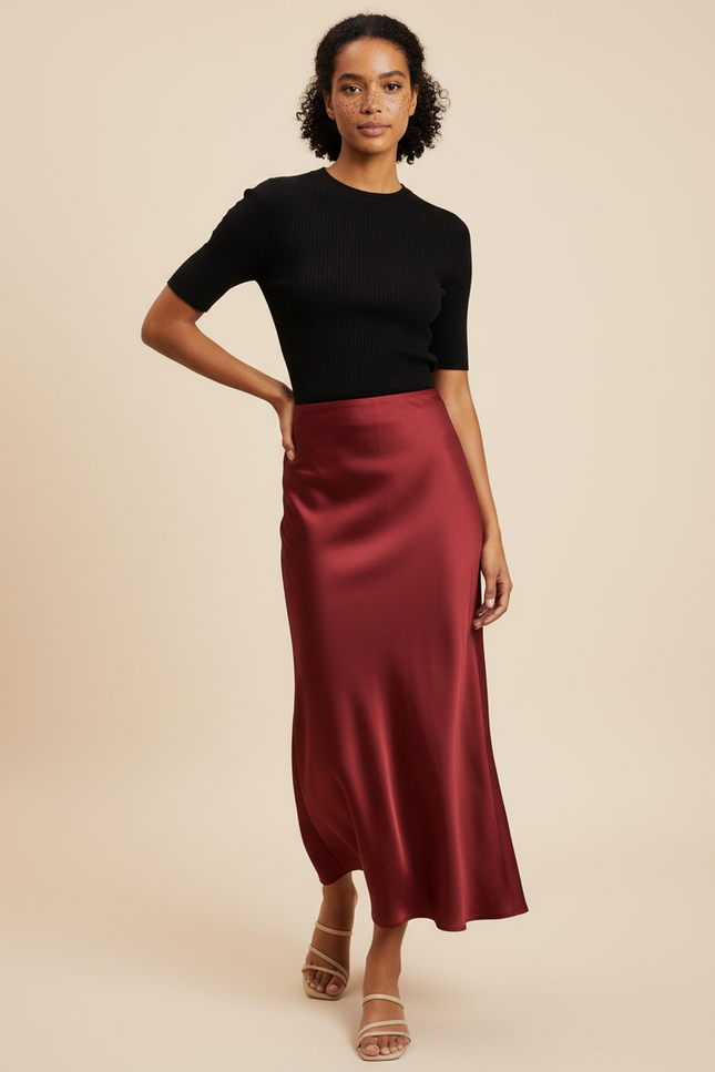 Jupe Satin Bordeaux Fluide Élégante Profonde