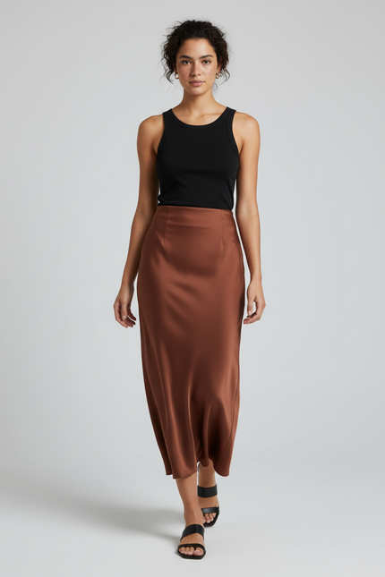 Jupe Satin Marron Longue Élégante Bohème