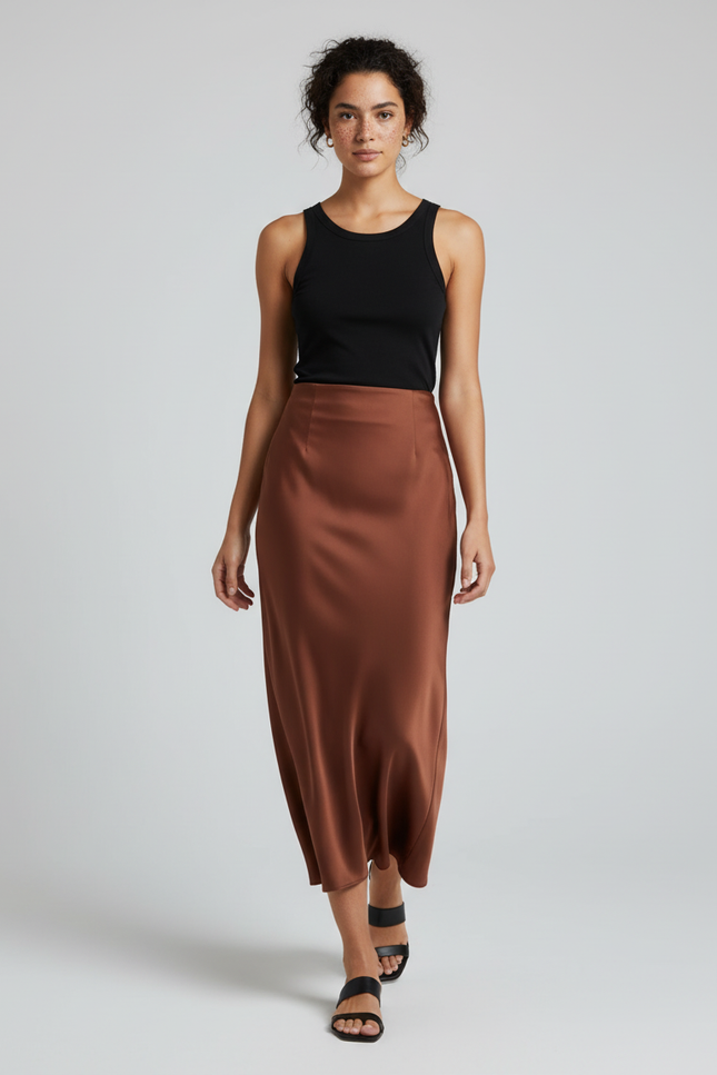 Jupe Satin Marron Longue Élégante Bohème