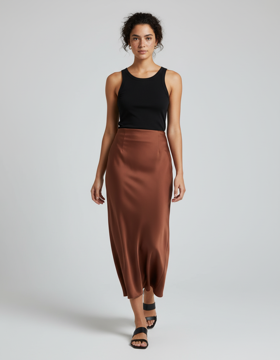 Jupe Satin Marron Longue Élégante Bohème