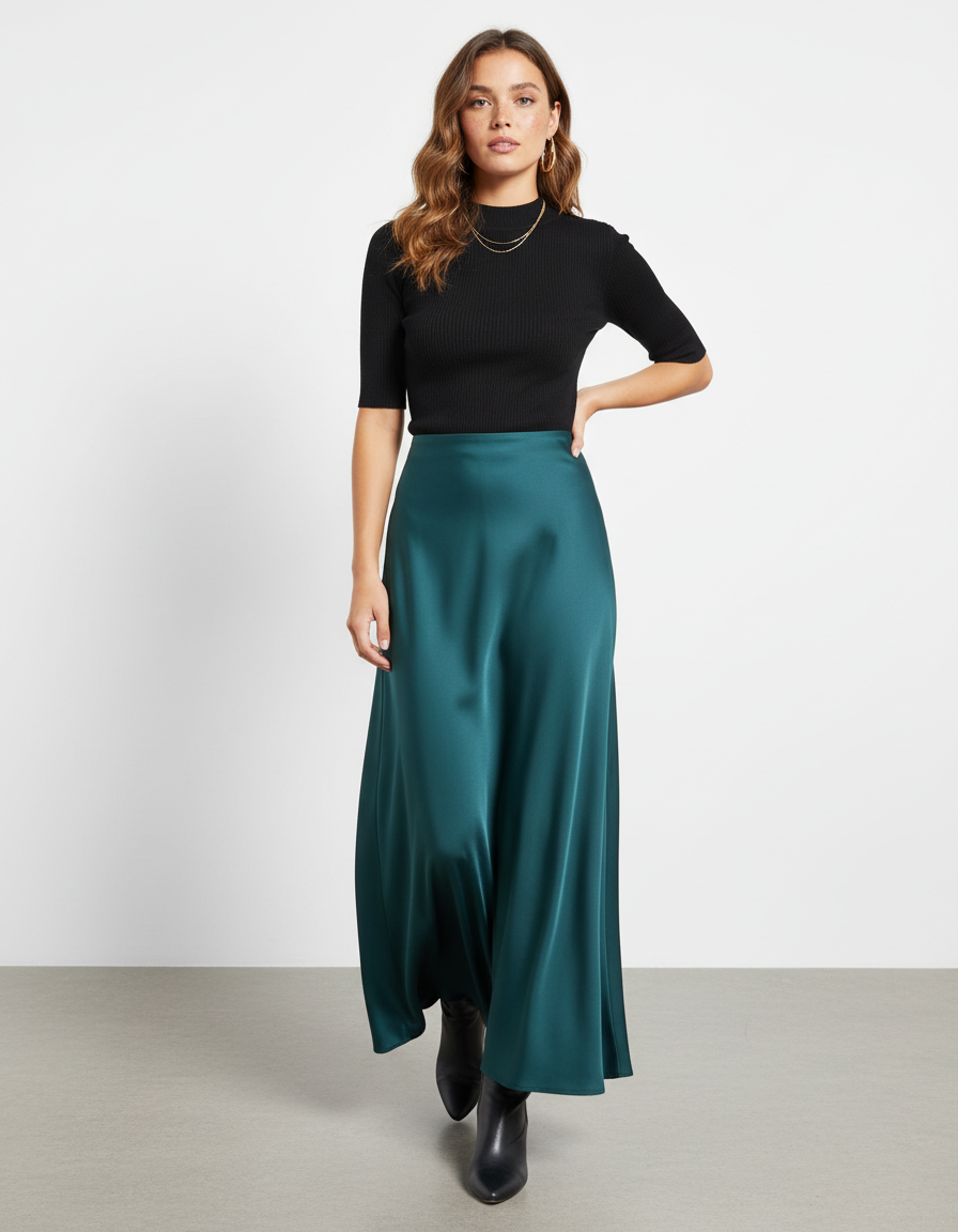 Jupe Satin Longue Vert Émeraude Élégante