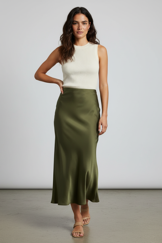 Jupe Satin Vert Olive Longue Élégante
