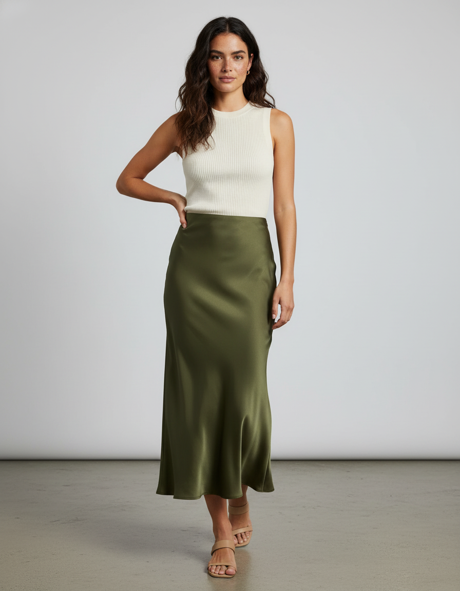 Jupe Satin Vert Olive Longue Élégante