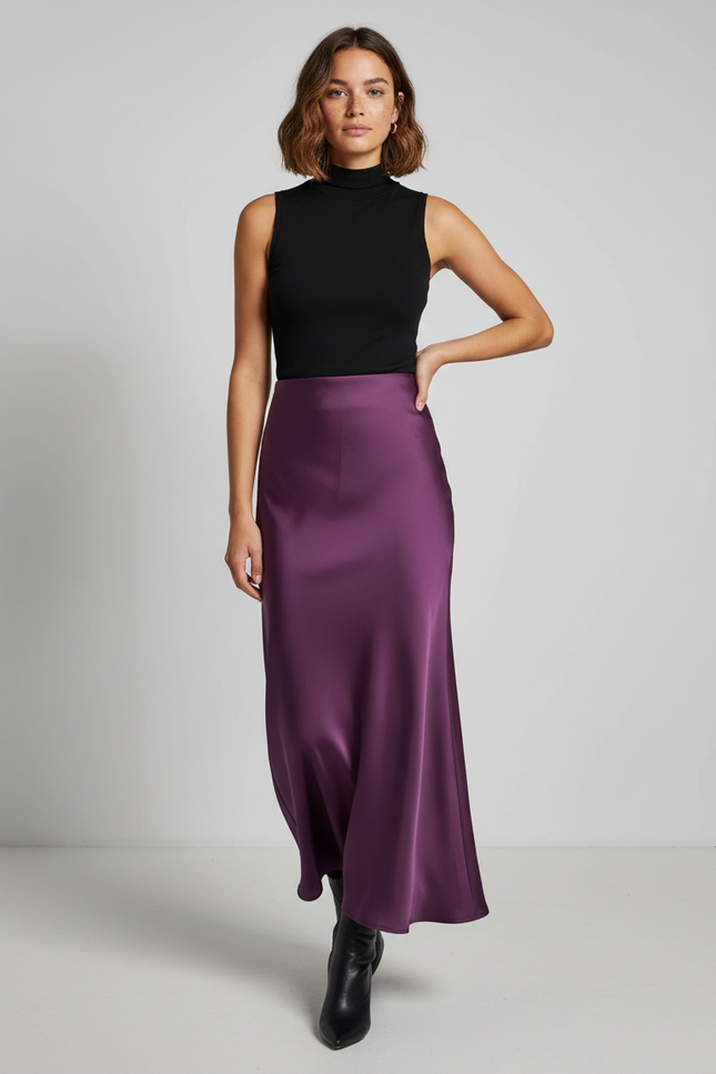 Jupe Satin Longue Violette Élégante