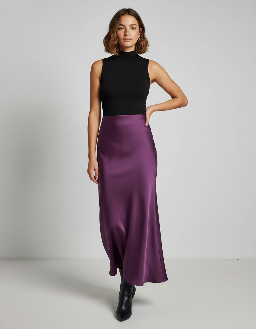 Jupe Satin Longue Violette Élégante
