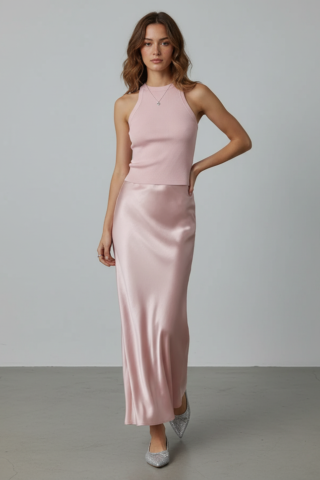 Jupe Satin Rose Pâle Fluide Élégante Délicate