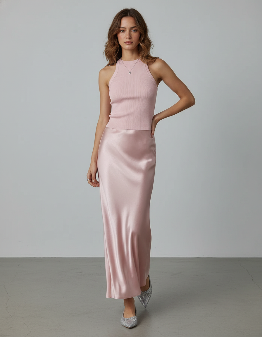 Jupe Satin Rose Pâle Fluide Élégante Délicate